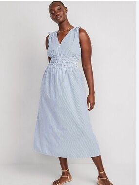 Old Navy Blue and White Striped Tie-Shoulder Sleeveless V-Neck Sundress
